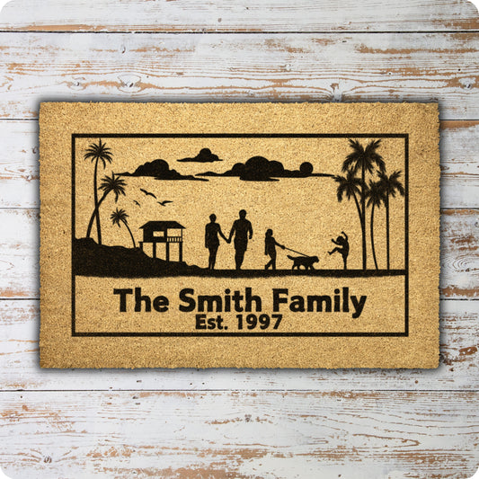 Customizable beach family coir doormat, durable entryway rug with family name, seaside design, fade-resistant for indoor or outdoor use, perfect for beach-loving pet families.