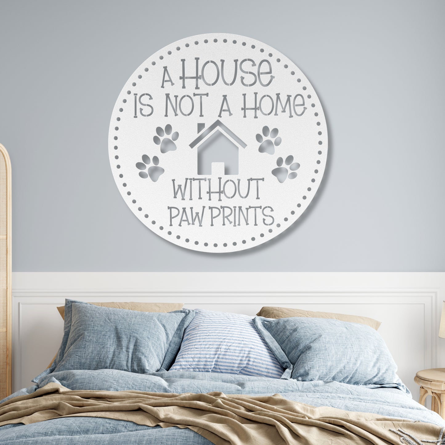 A House is Not a Home Without Paw Prints’ metal sign, durable 18-gauge steel wall decor for pet lovers, available in Black, Red, White, Copper, or Silver, perfect for indoor or outdoor display.-shown in white.