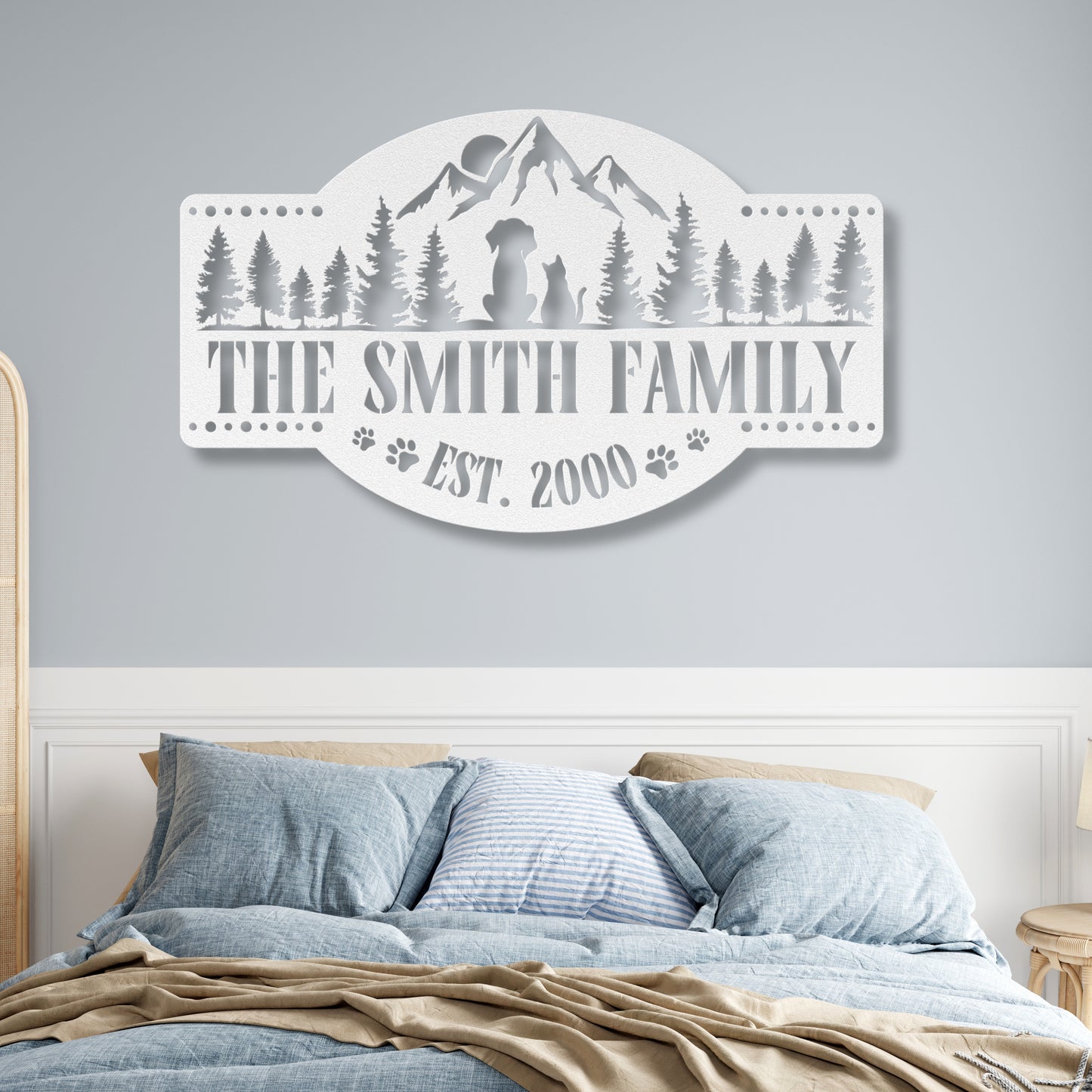 Happy pets in the mountains customizable metal sign, personalized with family name and est. date, durable 18-gauge steel, perfect pet-themed decor for indoor or outdoor display. Shown in White.