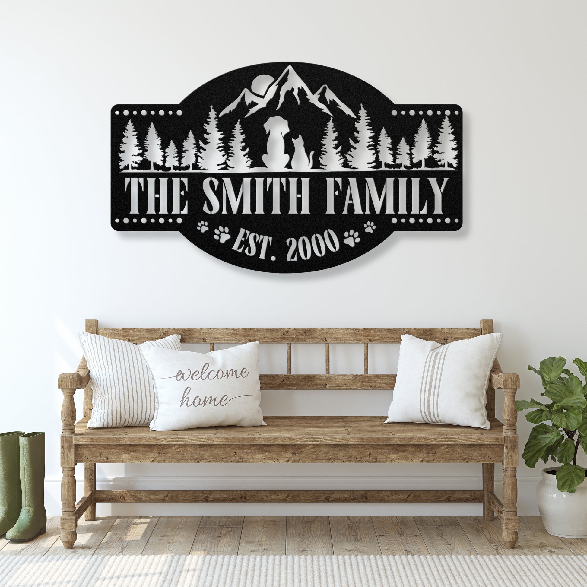 Happy pets in the mountains customizable metal sign, personalized with family name and est. date, durable 18-gauge steel, perfect pet-themed decor for indoor or outdoor display. Shown in Black.