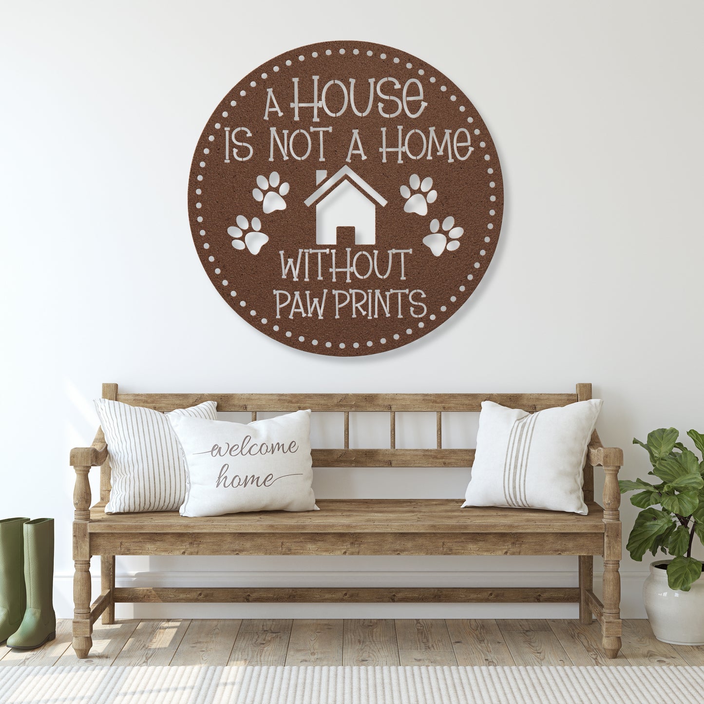 A House is Not a Home Without Paw Prints’ metal sign, durable 18-gauge steel wall decor for pet lovers, available in Black, Red, White, Copper, or Silver, perfect for indoor or outdoor display.-shown in copper.