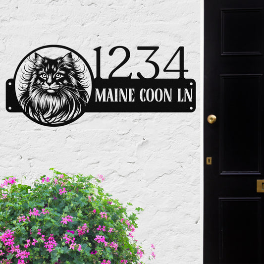 Custom black Maine Coon cat metal address sign with personalized house number, crafted from durable 18-gauge steel, weatherproof for indoor and outdoor use