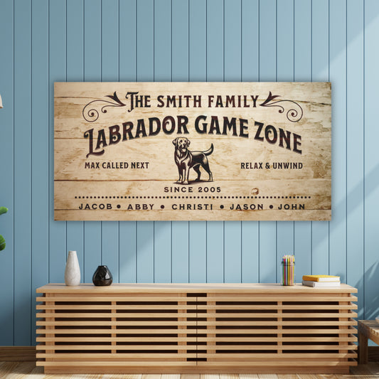 Labrador Game Zone customizable canvas print, personalized with family name, est. date, family members' names, and dog’s name, perfect wall decor for Labrador-loving families.