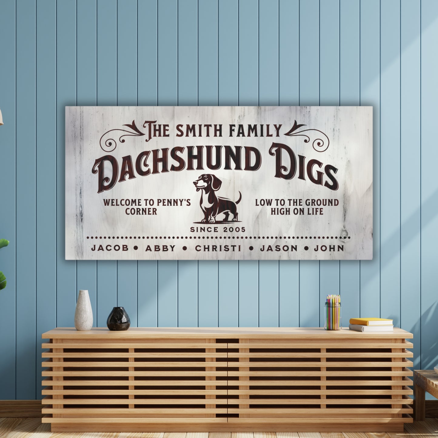 Customizable Dachshund Digs canvas sign, personalized wall art with family names, dog’s name, and est. date, perfect for Dachshund lovers, stylish pet-themed home decor.