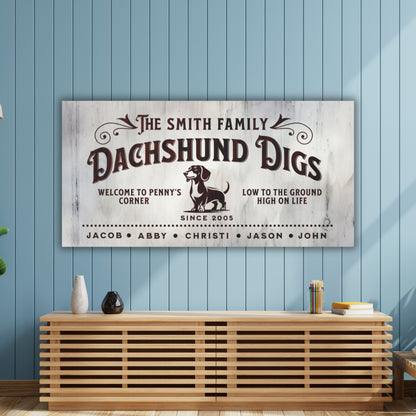 Customizable Dachshund Digs canvas sign, personalized wall art with family names, dog’s name, and est. date, perfect for Dachshund lovers, stylish pet-themed home decor.