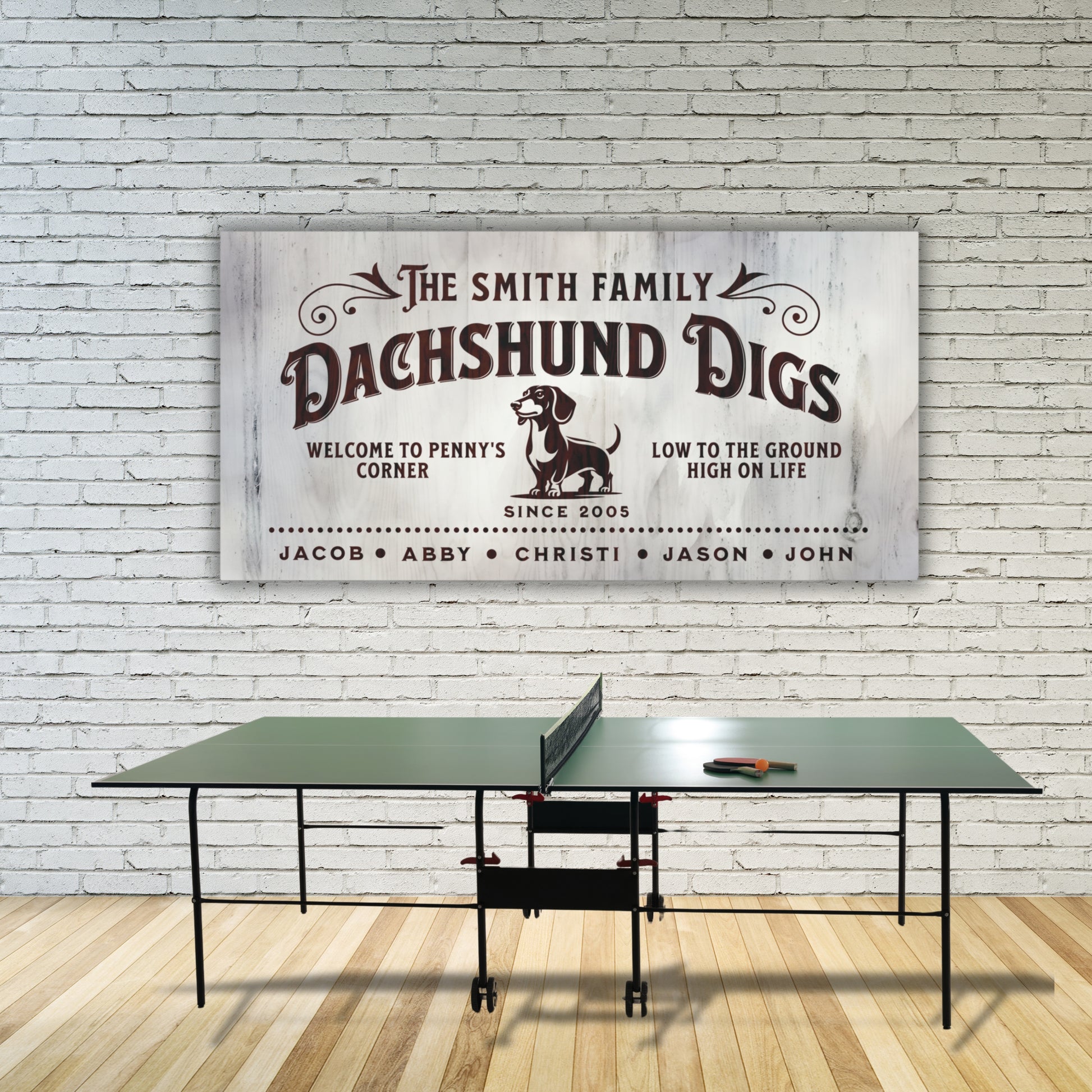 Customizable Dachshund Digs canvas sign, personalized wall art with family names, dog’s name, and est. date, perfect for Dachshund lovers, stylish pet-themed home decor.