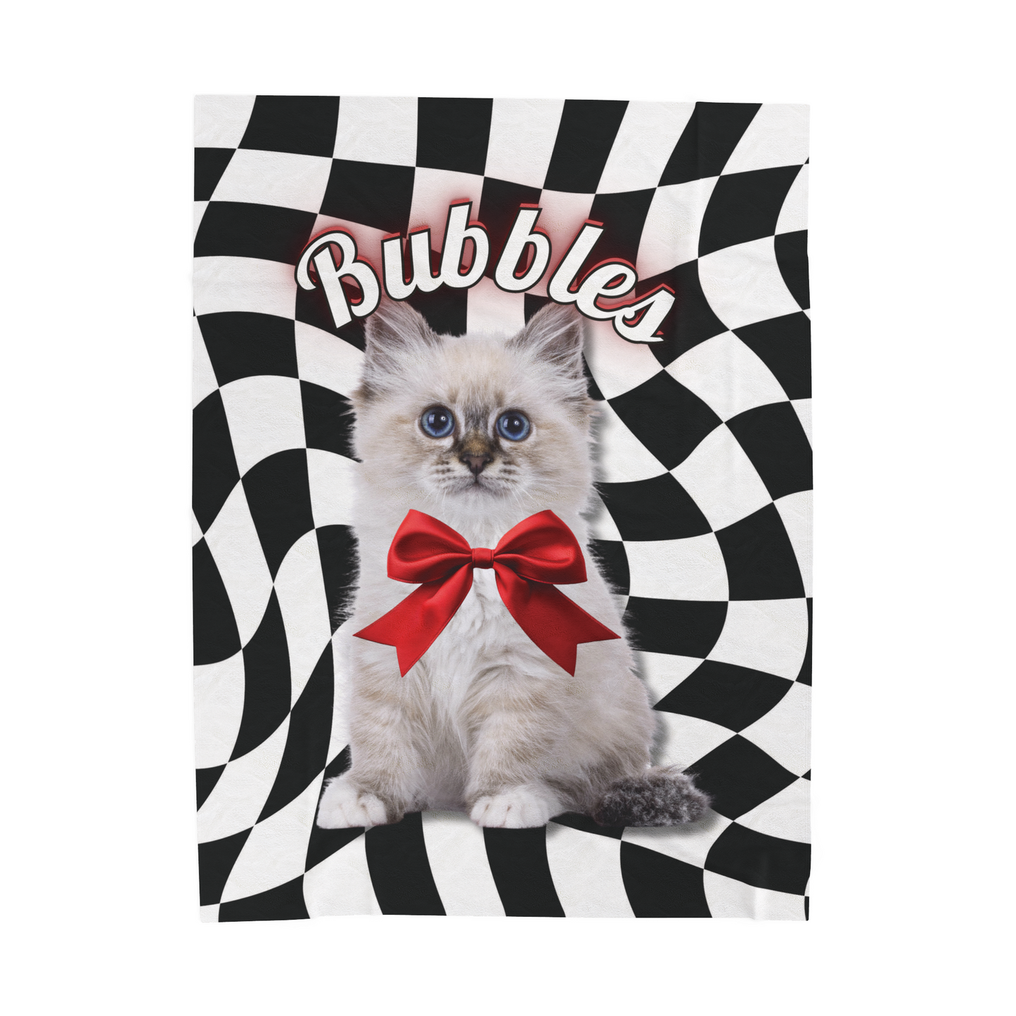 Custom kitten blanket featuring a fluffy cat named Bubbles with a red bow on a bold black and white checkered swirl background
