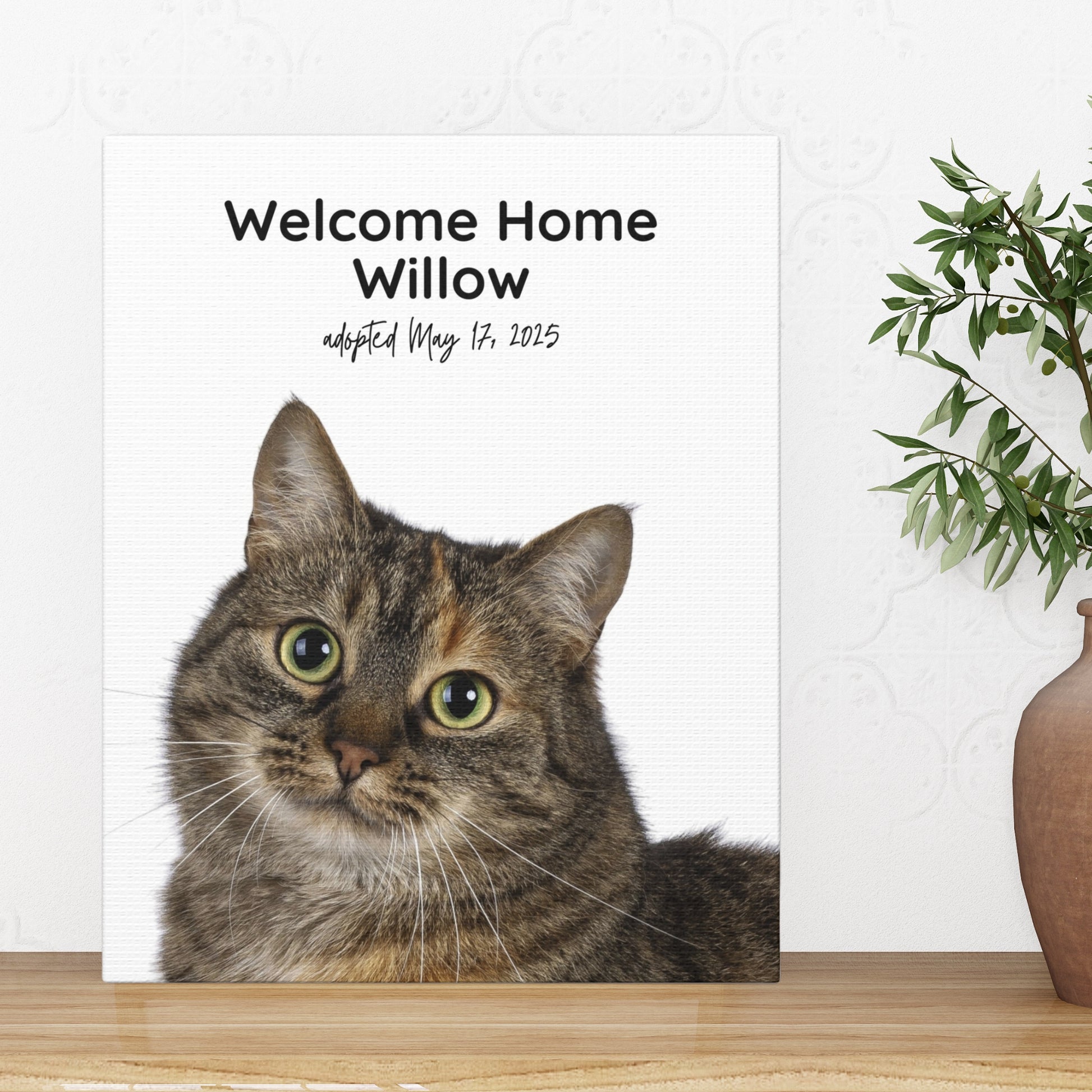 Personalized “Welcome Home Willow” cat adoption canvas displayed on a wood table with a potted plant in a cozy home setting.