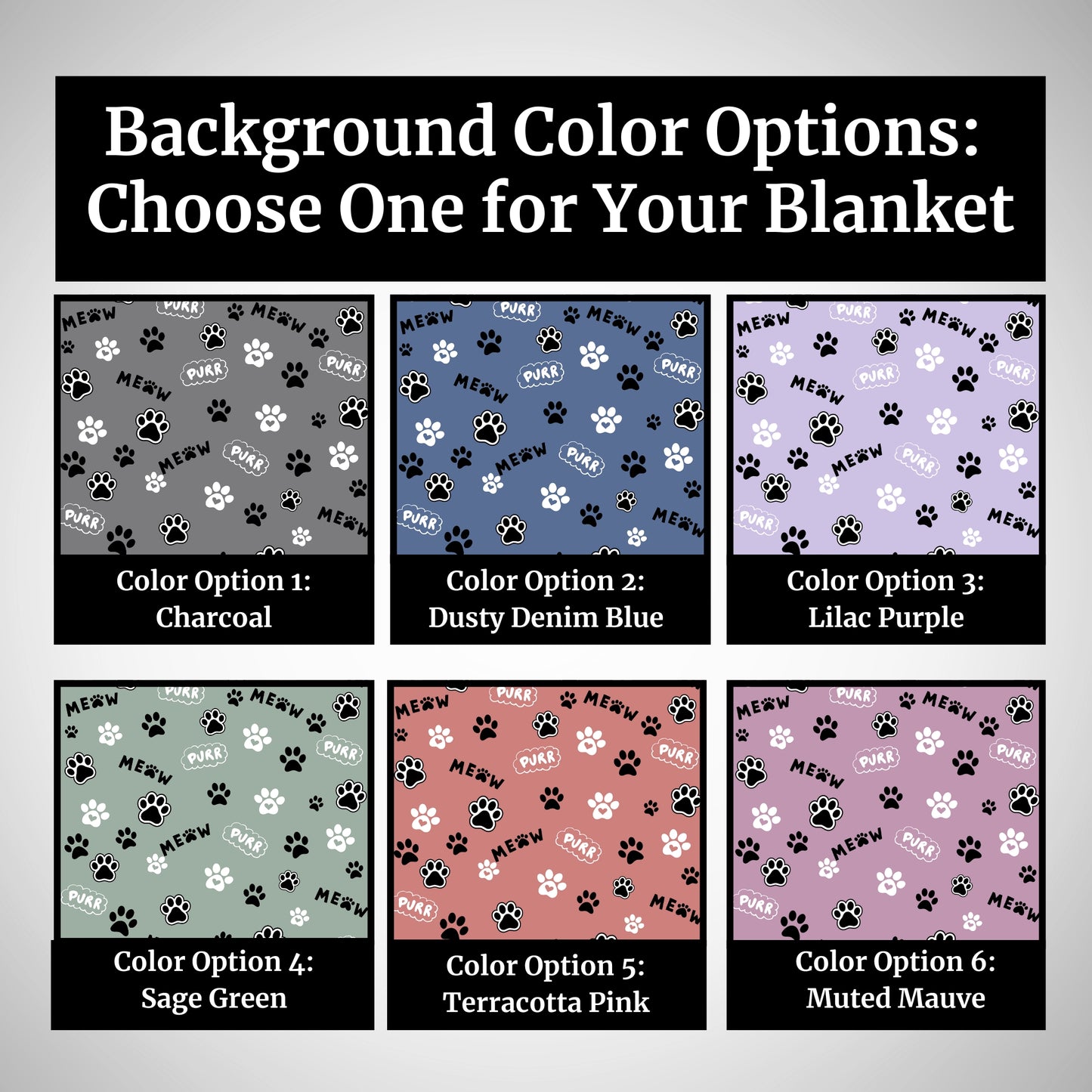 Chart showing six background color options for personalized cat blanket: Charcoal, Dusty Denim Blue, Lilac Purple, Sage Green, Terracotta Pink, and Muted Mauve