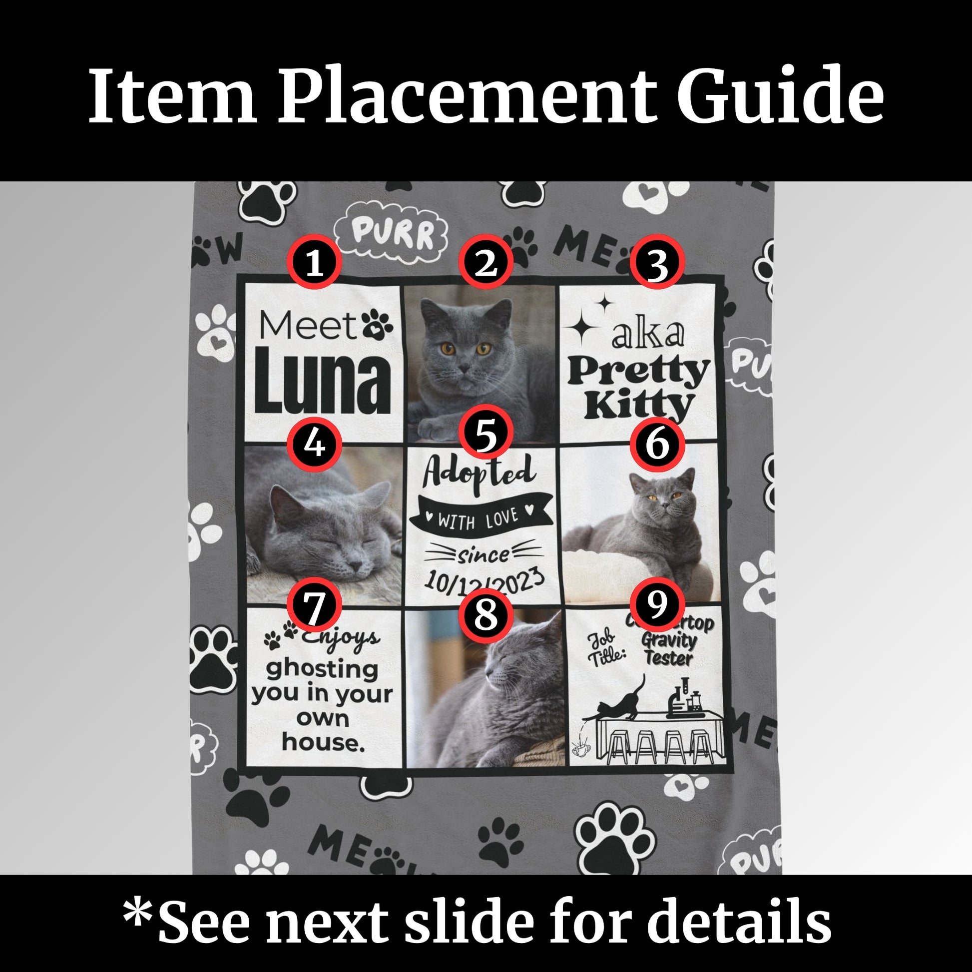 Numbered item placement guide for personalized cat adoption blanket showing where each photo, name, nickname, and custom text block appears
