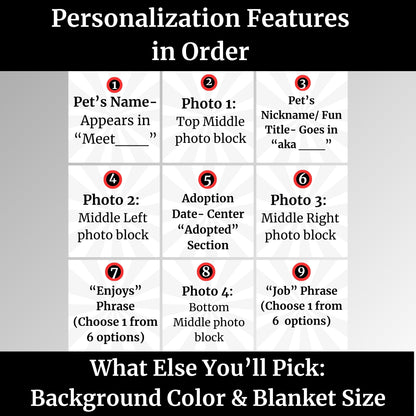 Grid showing the order of personalization features for custom cat blanket, including name, nickname, four photos, adoption date, job title, enjoys phrase, and color choice