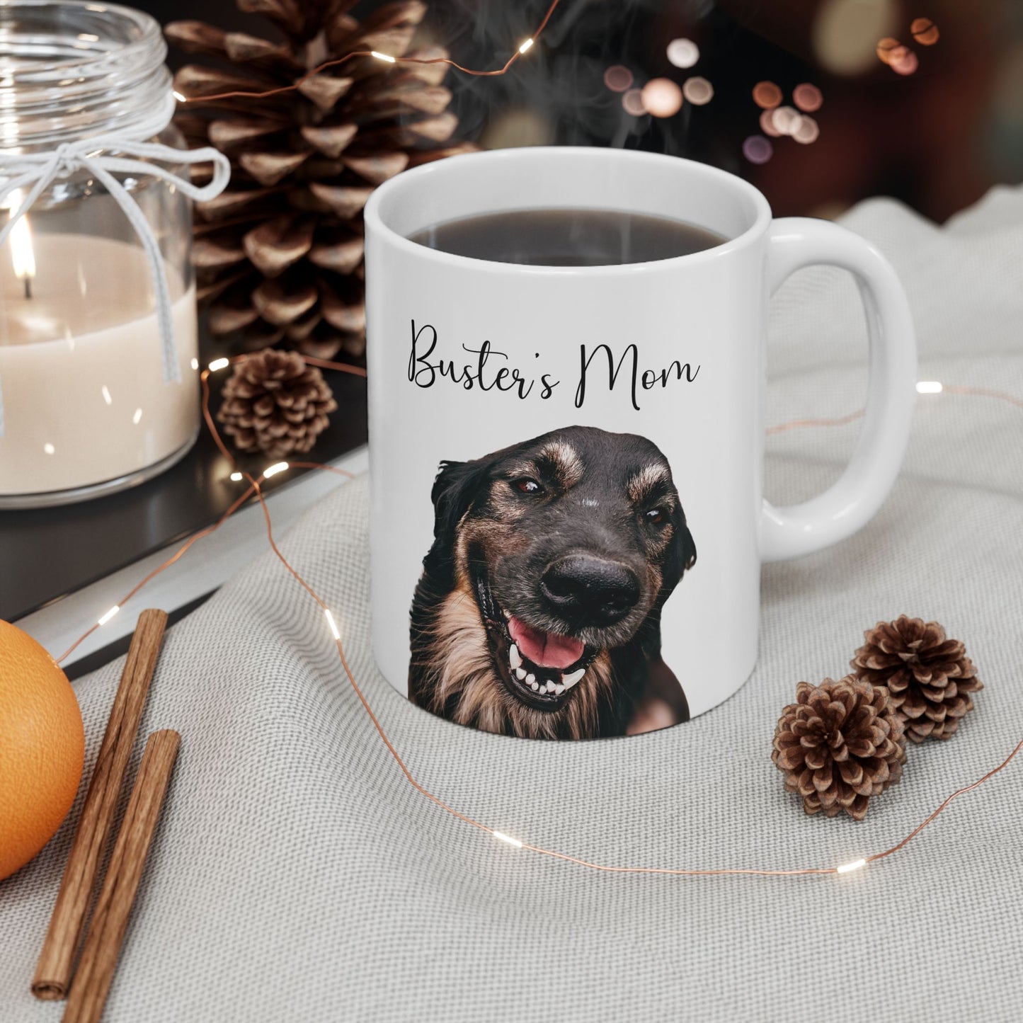 Dog lover coffee mug with uploaded pet picture, dishwasher safe keepsake.