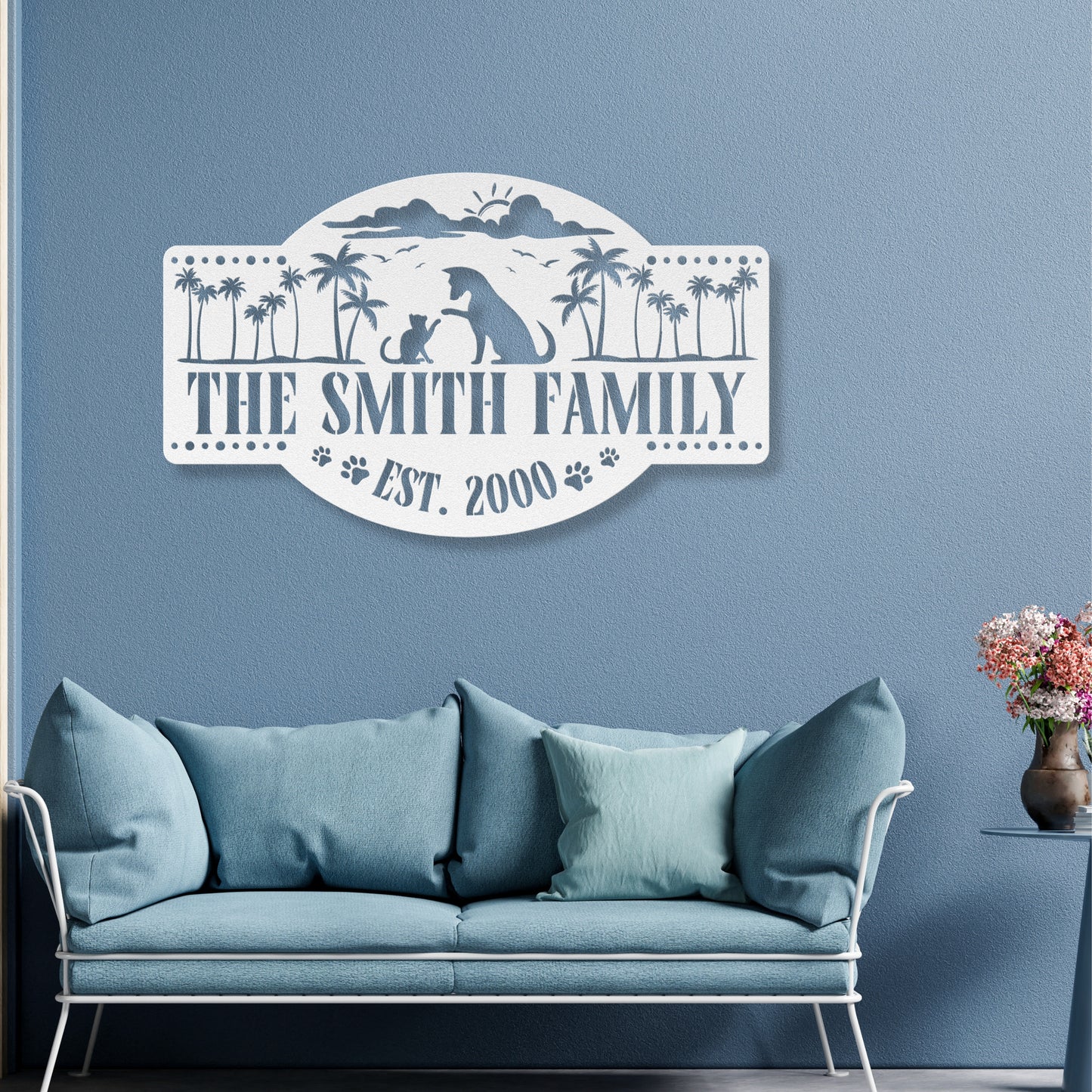 Customizable palm trees in the sun metal sign featuring two cats, personalized with family name and est. date, durable 18-gauge steel, perfect for indoor or outdoor decor. Shown in White.