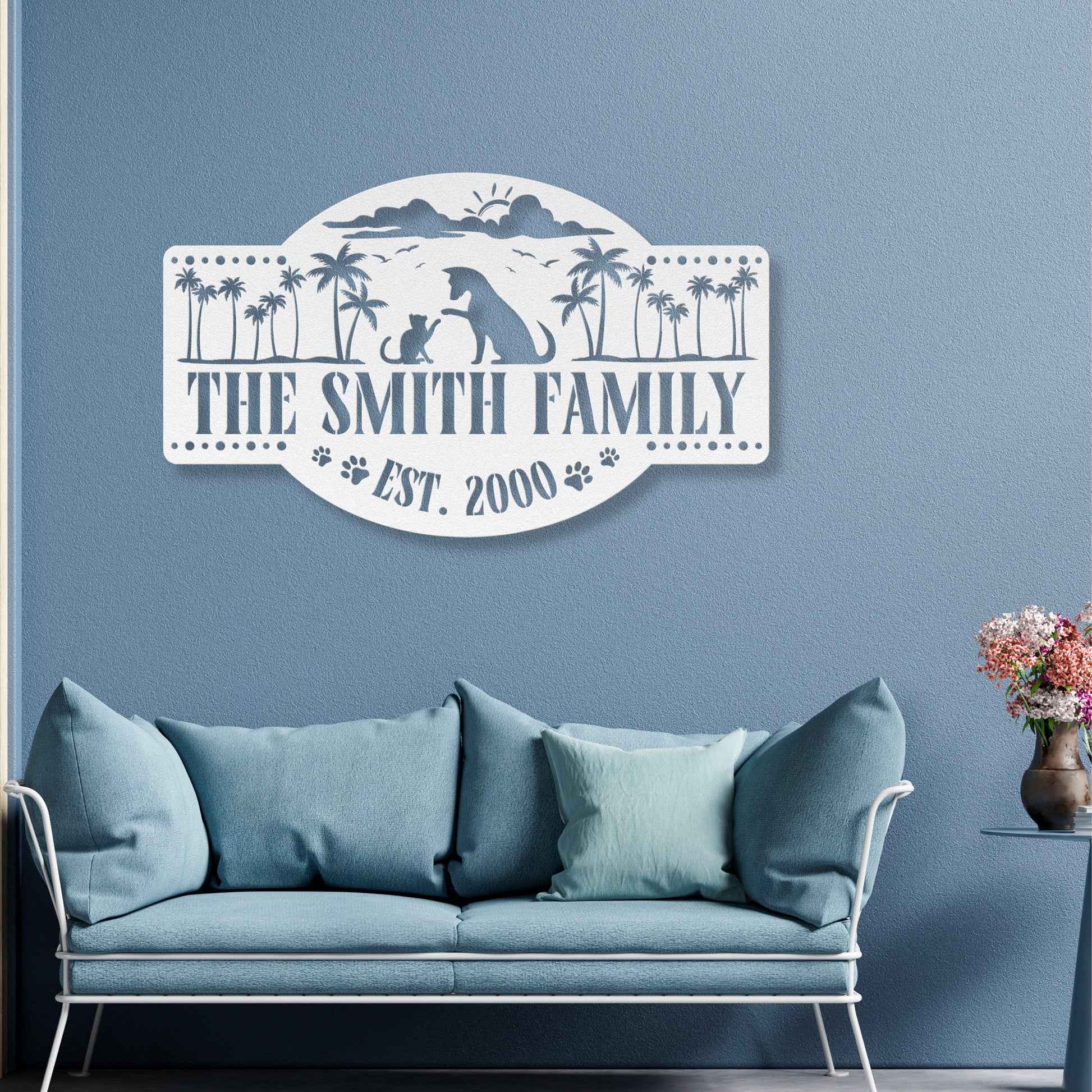 Customizable palm trees in the sun metal sign featuring two cats, personalized with family name and est. date, durable 18-gauge steel, perfect for indoor or outdoor decor. Shown in White.