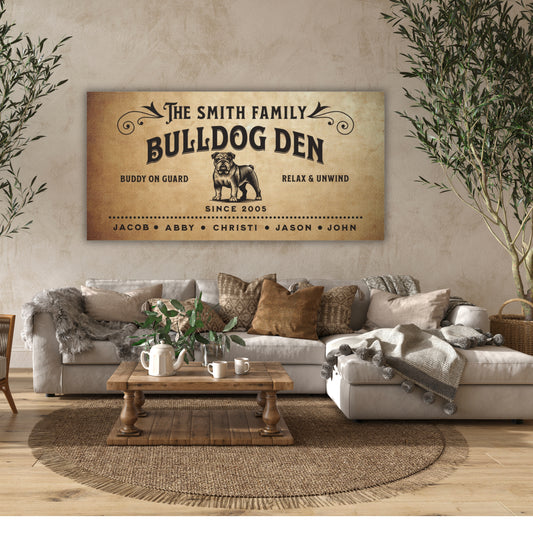 Bulldog Den customizable canvas print, personalized wall art for Bulldog owners, add family name, durable and vibrant design, perfect pet-themed decor for home