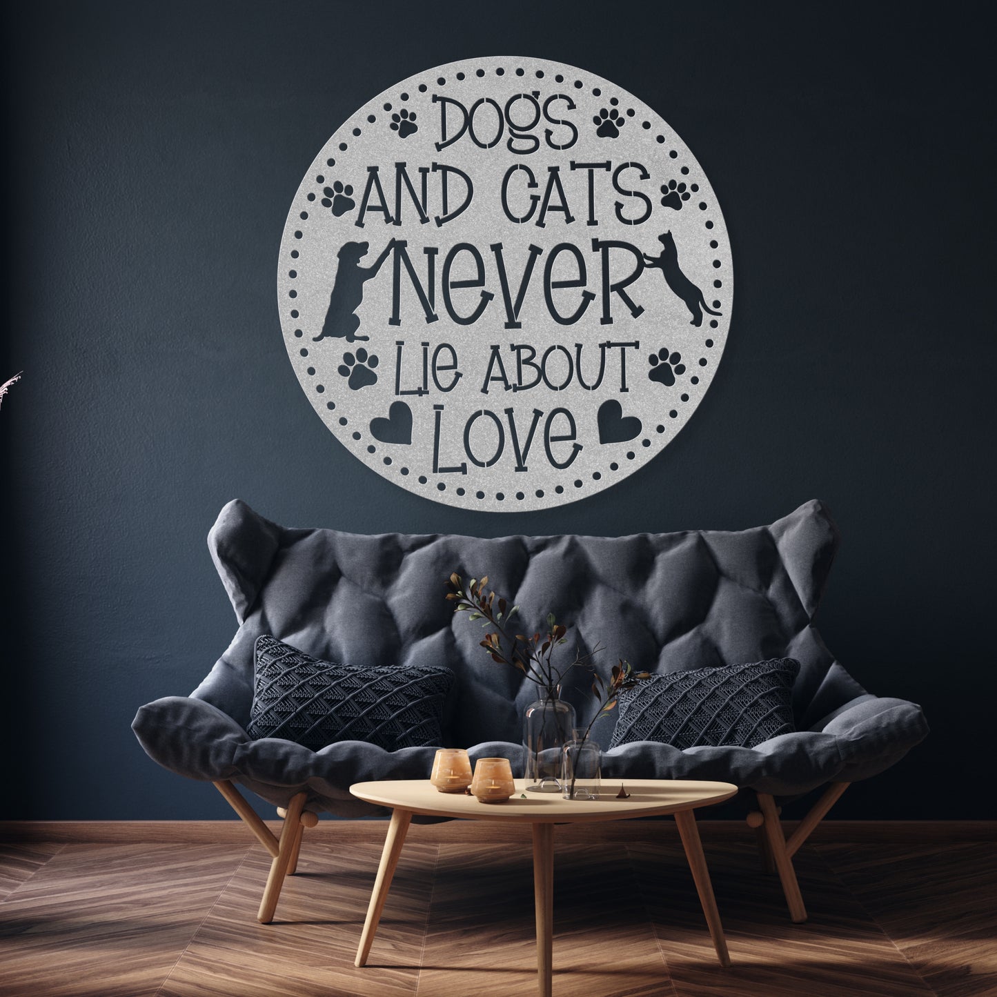 Dogs and Cats Never Lie About Love’ metal sign featuring a loving dog and cat, durable 18-gauge steel wall decor for pet lovers, suitable for indoor or outdoor display. Shown in Black.