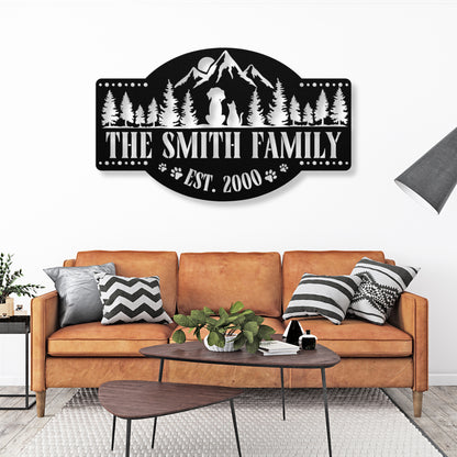 Happy pets in the mountains customizable metal sign, personalized with family name and est. date, durable 18-gauge steel, perfect pet-themed decor for indoor or outdoor display. Shown in Black.