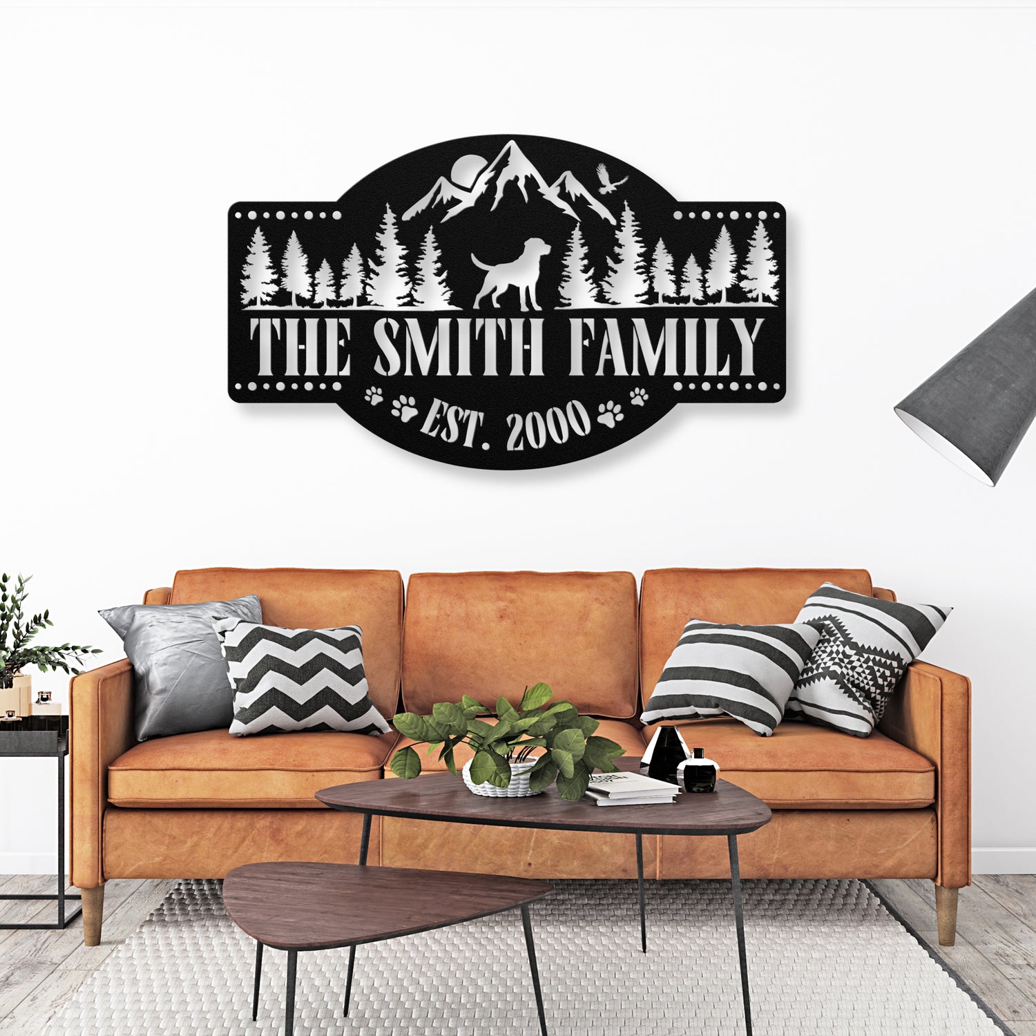 Customizable Labrador in the mountains metal sign, personalized with family name and est. date, durable 18-gauge steel, ideal for indoor or outdoor pet-themed decor. Shown in Black.