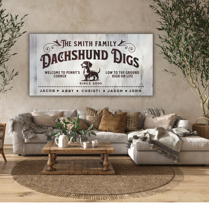 Customizable Dachshund Digs canvas sign, personalized wall art with family names, dog’s name, and est. date, perfect for Dachshund lovers, stylish pet-themed home decor.