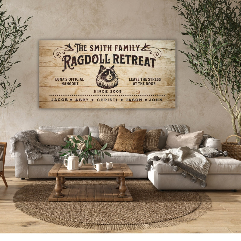 Ragdoll Retreat customizable canvas print, personalized with family names and cat’s name, ideal wall decor for Ragdoll cat lovers.