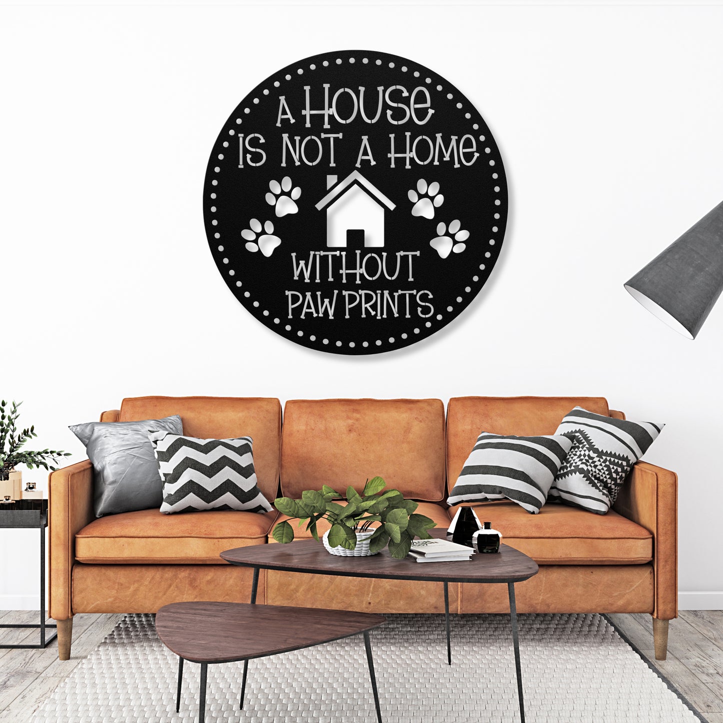 A House is Not a Home Without Paw Prints’ metal sign, durable 18-gauge steel wall decor for pet lovers, available in Black, Red, White, Copper, or Silver, perfect for indoor or outdoor display.-shown in black.