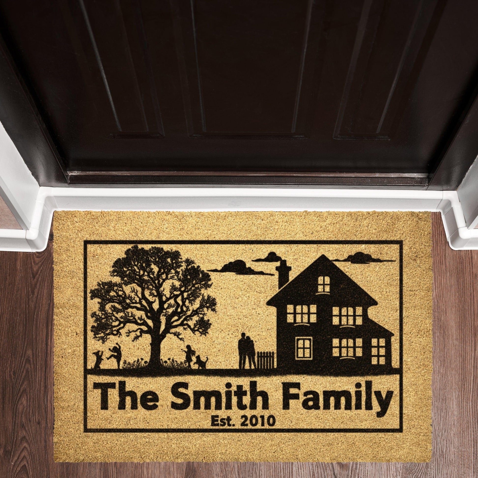 Customizable country house family with pets coir rug, personalized doormat with family name, durable and fade-resistant, perfect for pet-friendly entryways.