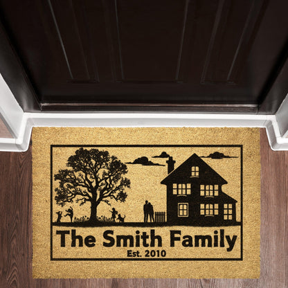 Customizable country house family with pets coir rug, personalized doormat with family name, durable and fade-resistant, perfect for pet-friendly entryways.