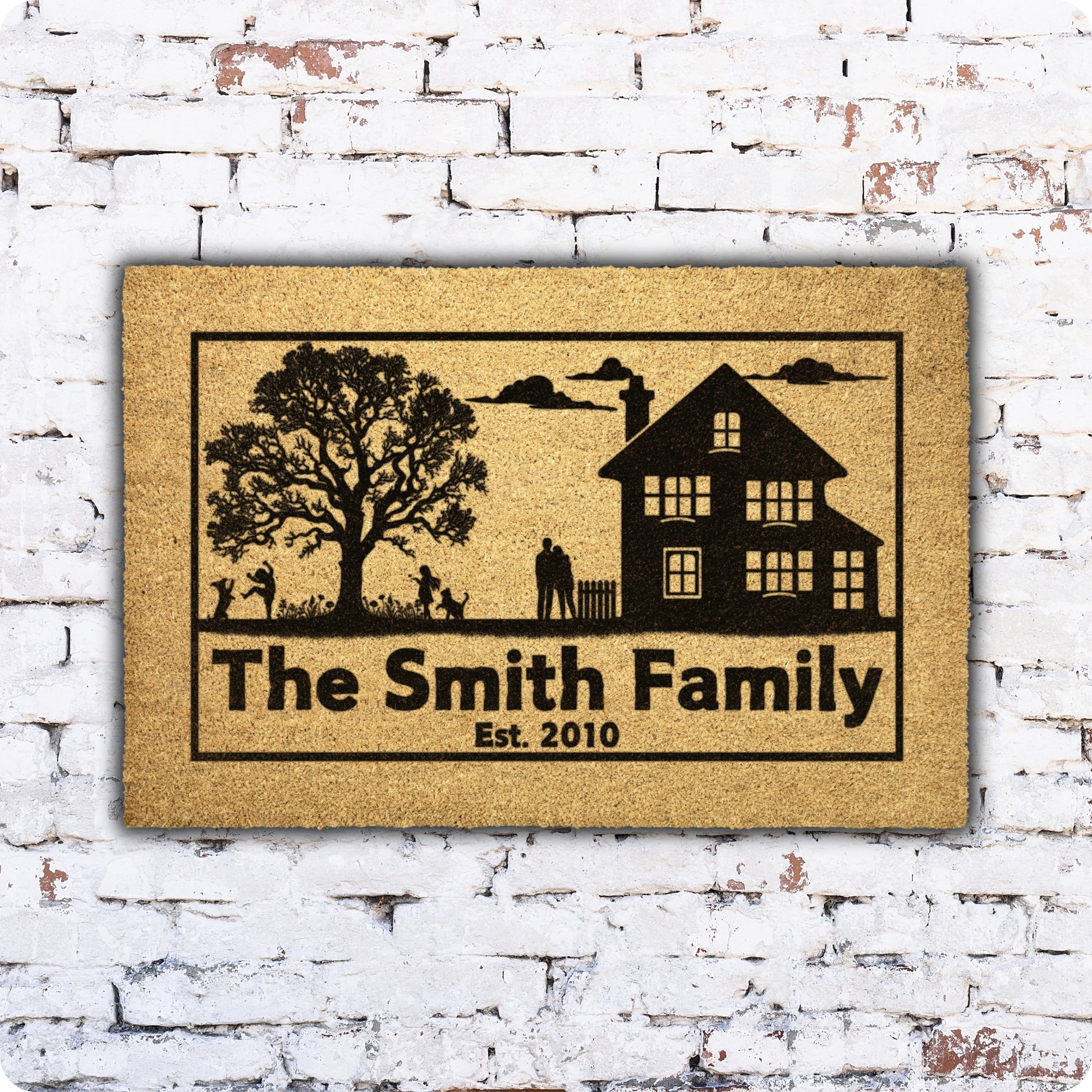 Customizable country house family with pets coir rug, personalized doormat with family name, durable and fade-resistant, perfect for pet-friendly entryways.