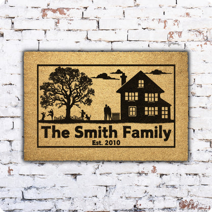 Customizable country house family with pets coir rug, personalized doormat with family name, durable and fade-resistant, perfect for pet-friendly entryways.