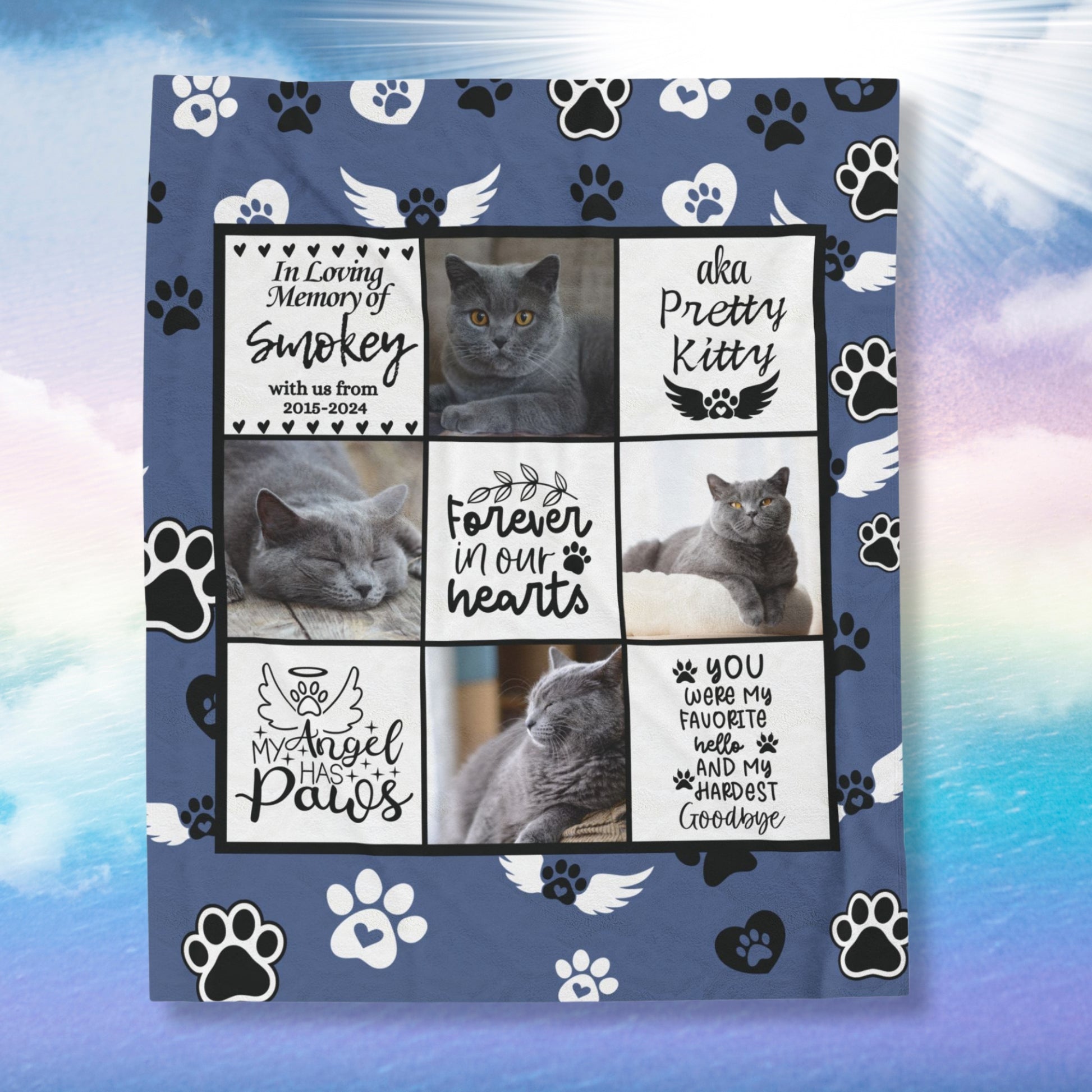 Personalized cat memorial blanket featuring photo collage, angel wings, paw prints, and remembrance quotes for a beloved pet named Smokey