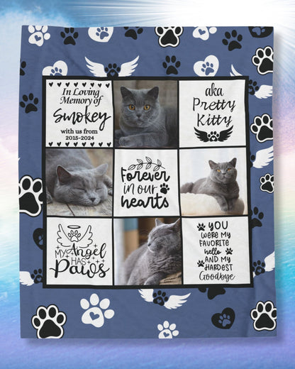 Personalized cat memorial blanket featuring photo collage, angel wings, paw prints, and remembrance quotes for a beloved pet named Smokey
