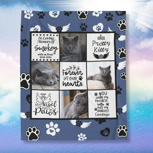Personalized cat memorial blanket featuring photo collage, angel wings, paw prints, and remembrance quotes for a beloved pet named Smokey