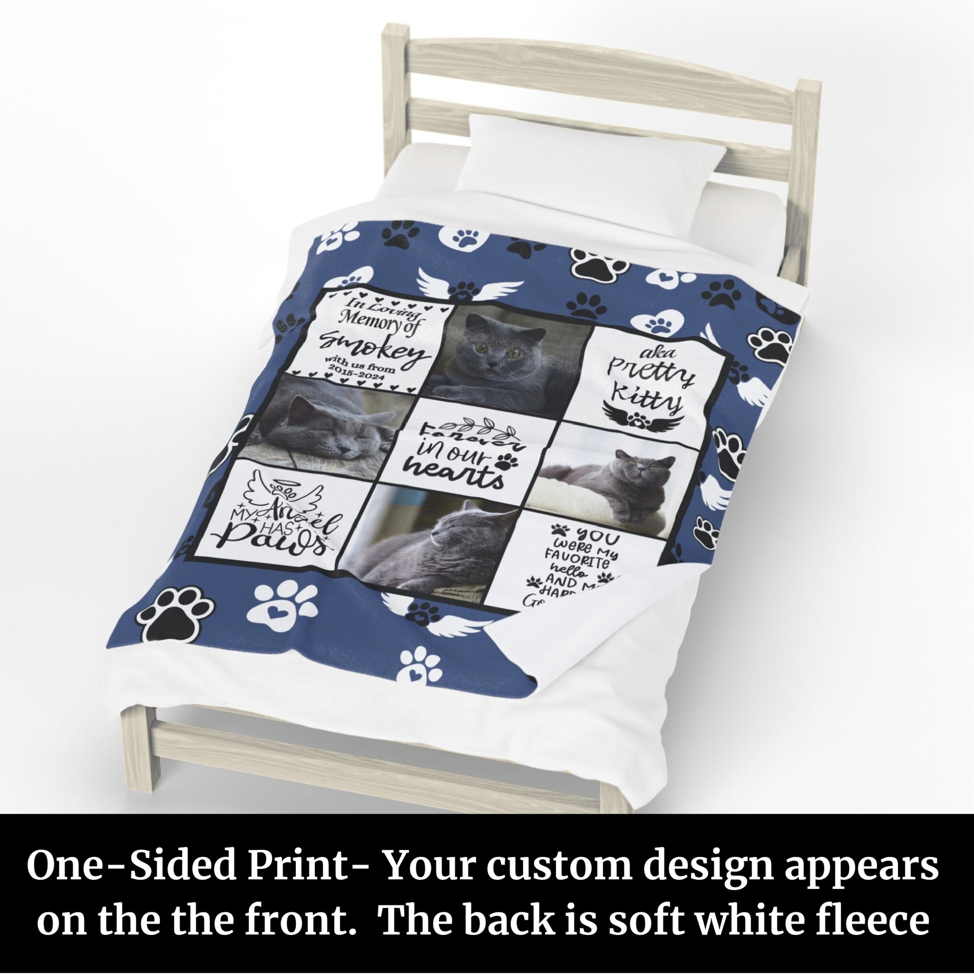 Custom cat memorial fleece blanket on a bed showing one-sided print design with photos, name, and pet remembrance quotes; back is soft white fleece