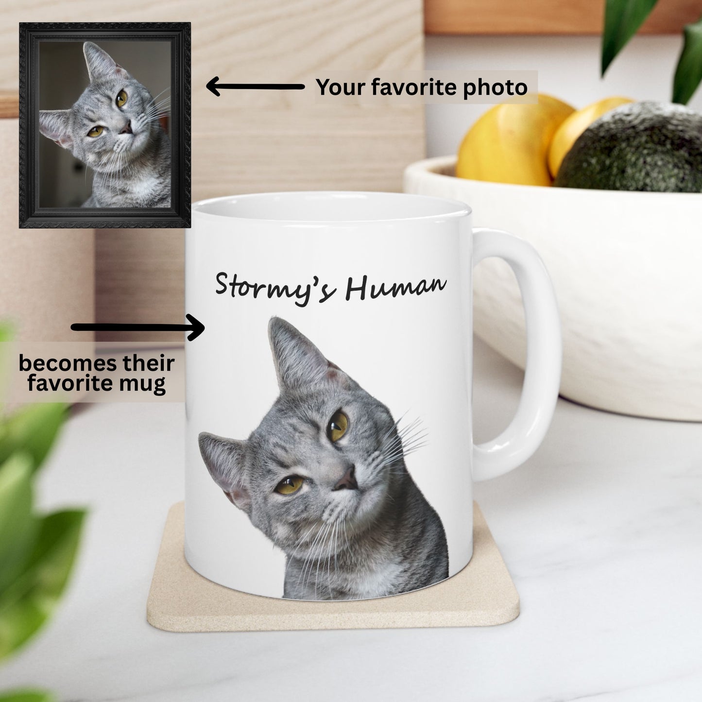 Personalized ceramic mug with uploaded cat photo and custom pet name