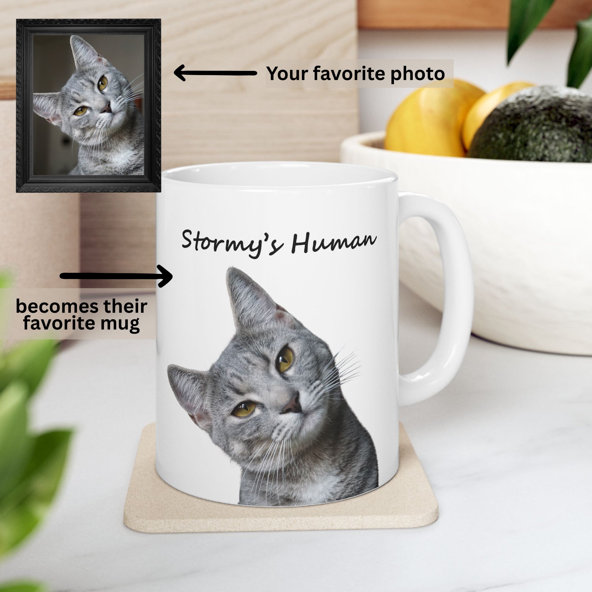 Personalized ceramic mug with uploaded cat photo and custom pet name