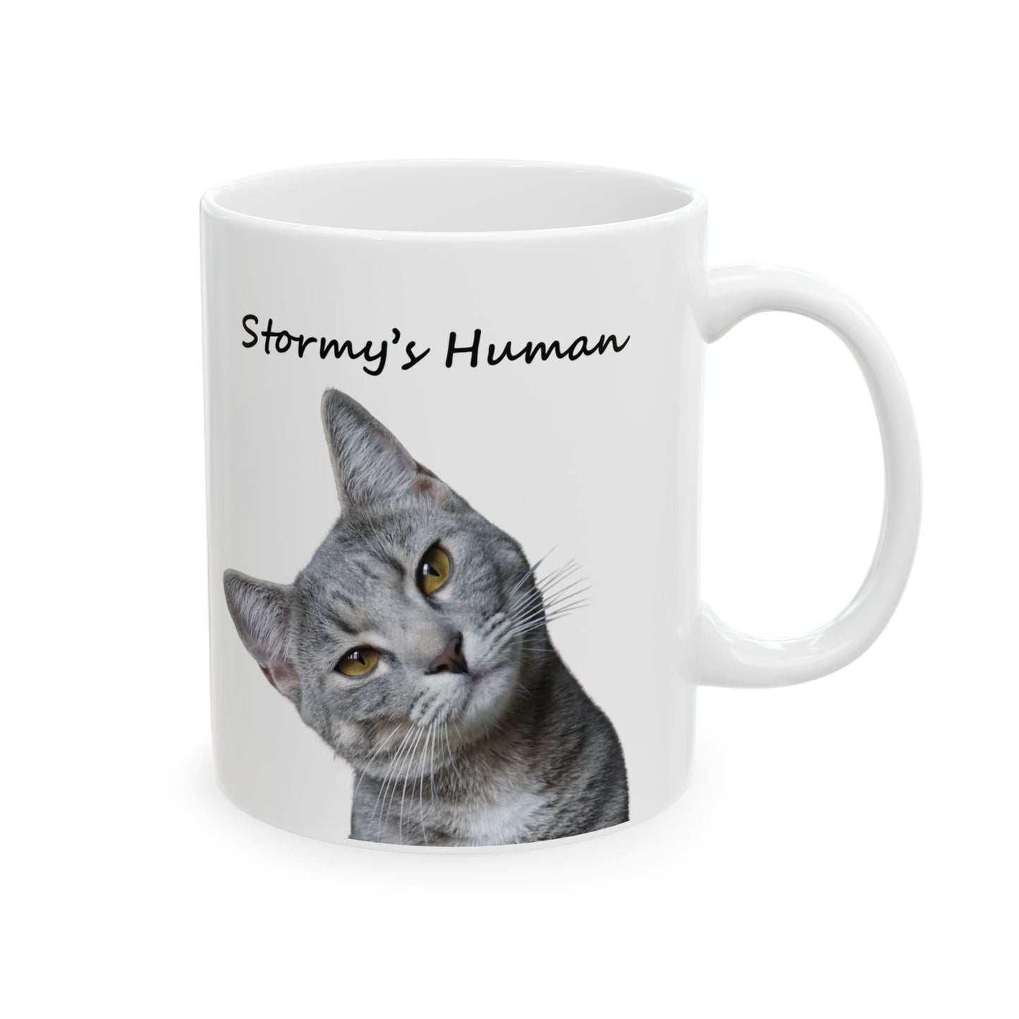 Personalized ceramic mug with uploaded cat photo and custom pet name