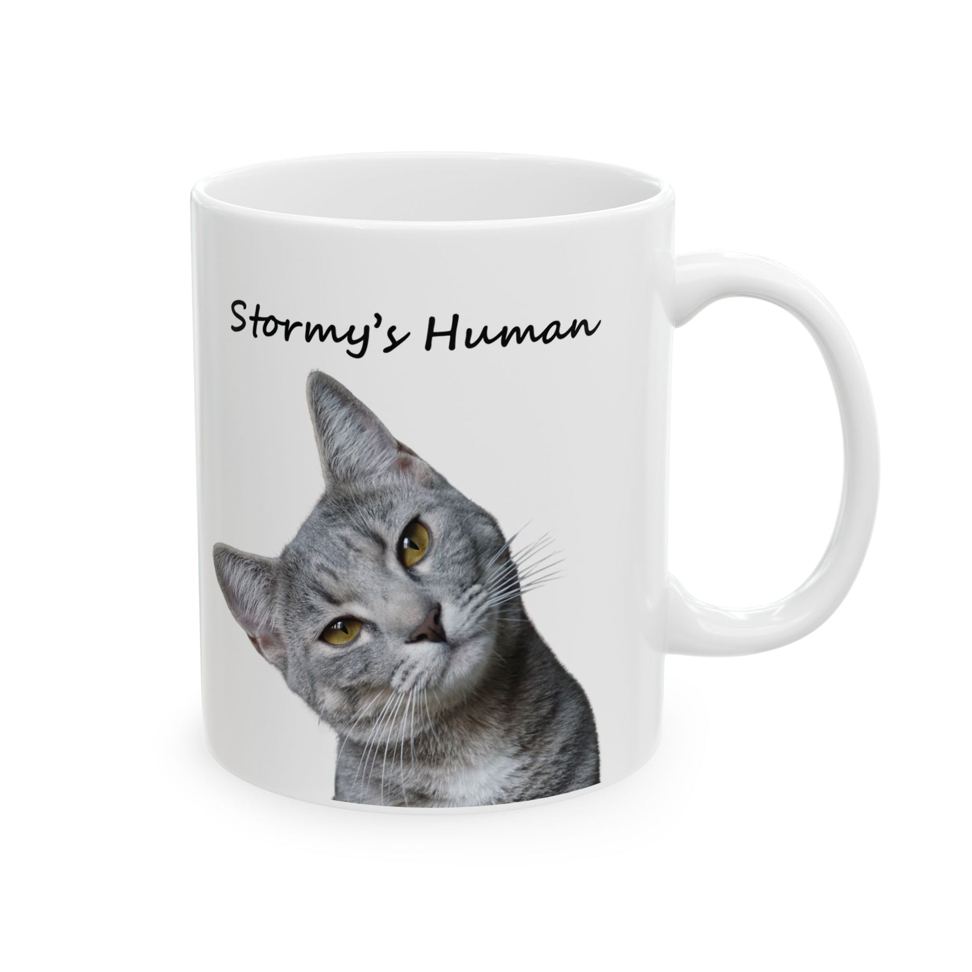 Personalized ceramic mug with uploaded cat photo and custom pet name