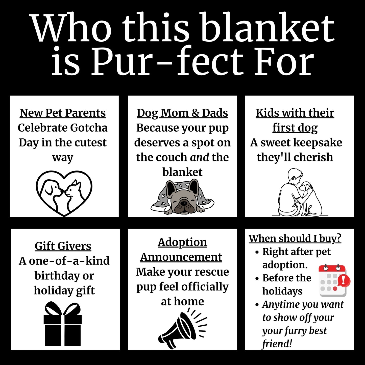 Custom dog adoption blanket showing gift ideas and buyer types including new pet parents, kids with their first dog, and dog moms and dads