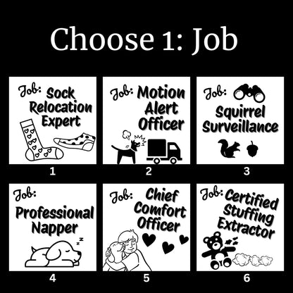 Personalized dog blanket customization options for "Job" title, featuring six humorous dog roles like Sock Relocation Expert, Motion Alert Officer, and Certified Stuffing Extractor