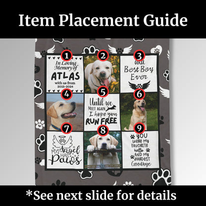 Item placement guide for personalized dog memorial blanket by The Loyal Paw. Numbered layout shows locations for name, photos, tribute blocks, and custom text on a 9-panel design.