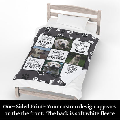 One-sided custom dog memorial blanket with personalized name, photos, and pet tribute blocks, displayed on a twin bed with the white fleece back folded over to show softness.