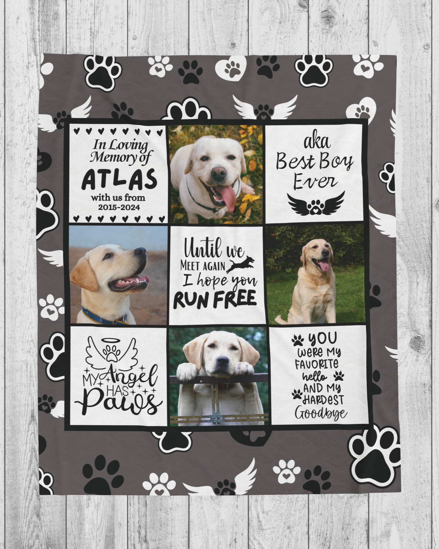 Personalized dog memorial blanket featuring pet photos, name, and tribute messages with angel wings and paw prints on a charcoal background. A heartfelt pet loss gift for dog lovers.
