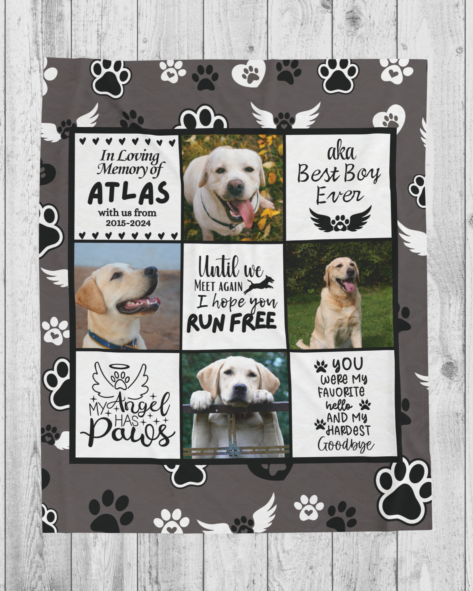 Personalized dog memorial blanket featuring pet photos, name, and tribute messages with angel wings and paw prints on a charcoal background. A heartfelt pet loss gift for dog lovers.