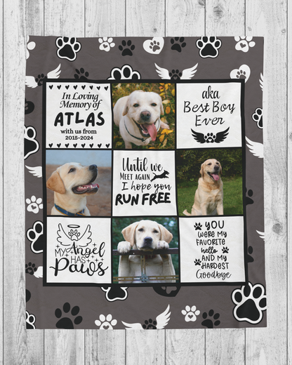 Personalized dog memorial blanket featuring pet photos, name, and tribute messages with angel wings and paw prints on a charcoal background. A heartfelt pet loss gift for dog lovers.