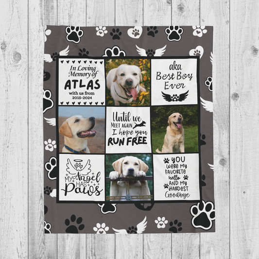 Personalized dog memorial blanket featuring pet photos, name, and tribute messages with angel wings and paw prints on a charcoal background. A heartfelt pet loss gift for dog lovers.
