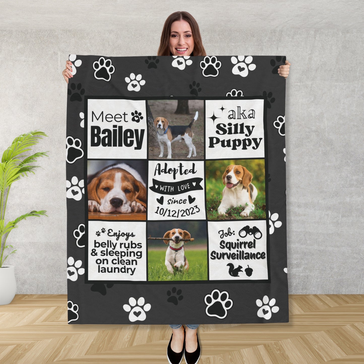 Woman holding a personalized dog adoption blanket featuring custom pet name, photos, nickname, adoption date, and fun sayings — perfect gift for new pet parents or rescue dog lovers
