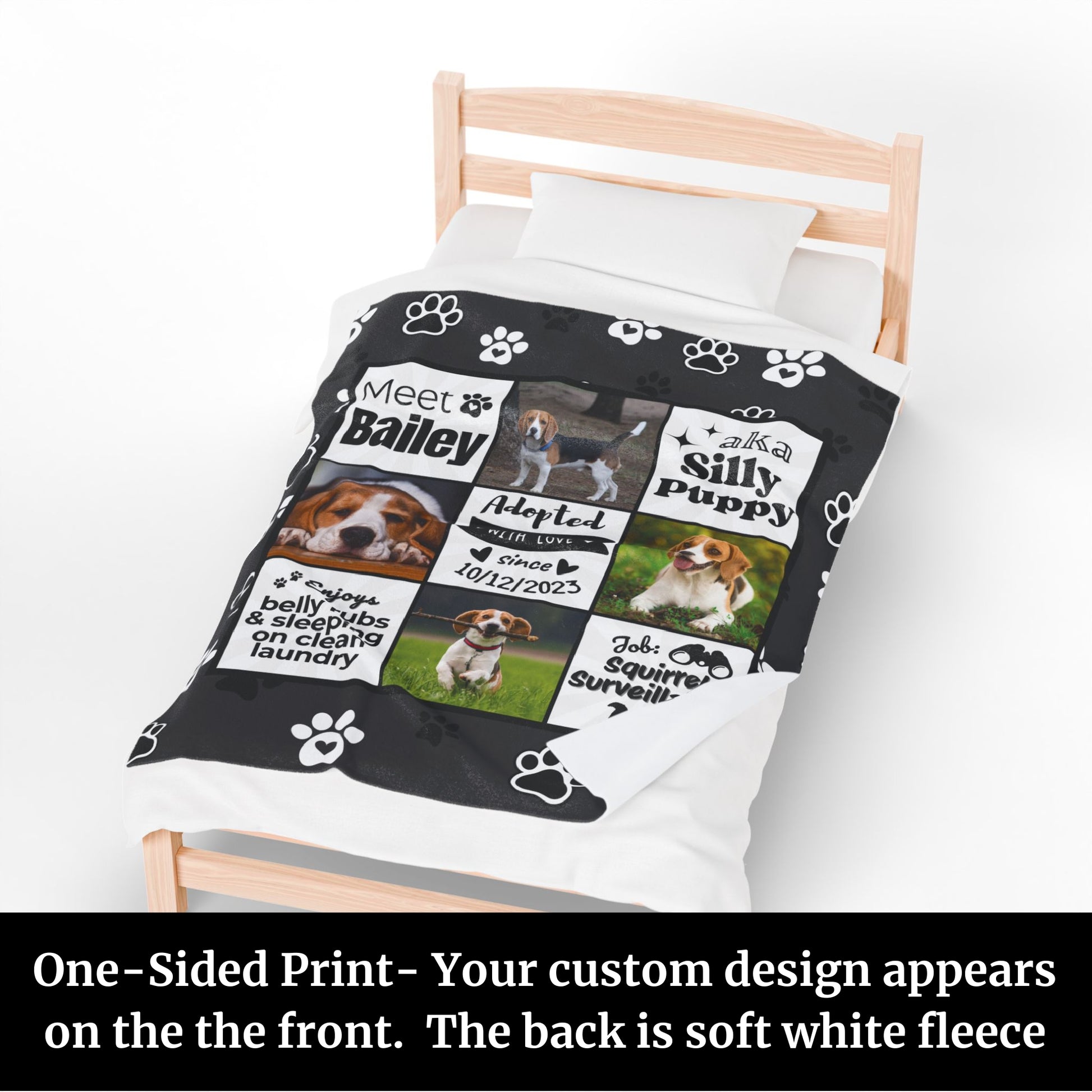 Personalized dog blanket on bed with soft white fleece back, showing pet name, photos, adoption date, and fun phrases — one-sided custom gift for new pet parents