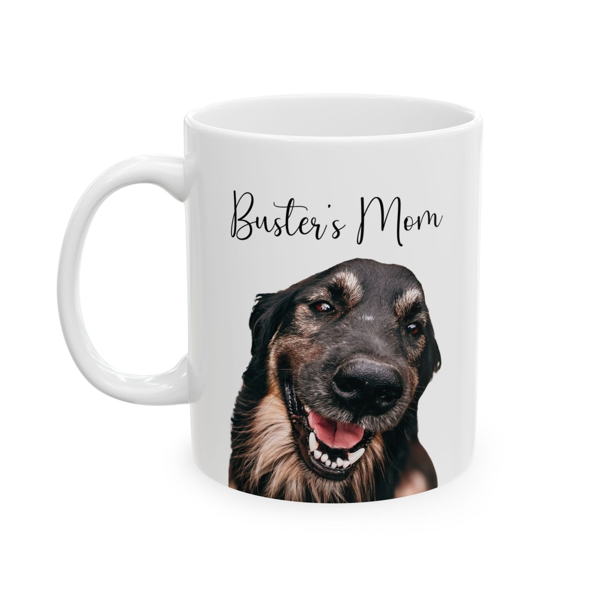 Personalized dog mom coffee mug featuring custom pet photo and name