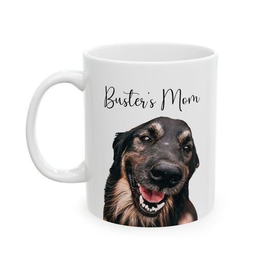 Personalized dog mom coffee mug featuring custom pet photo and name