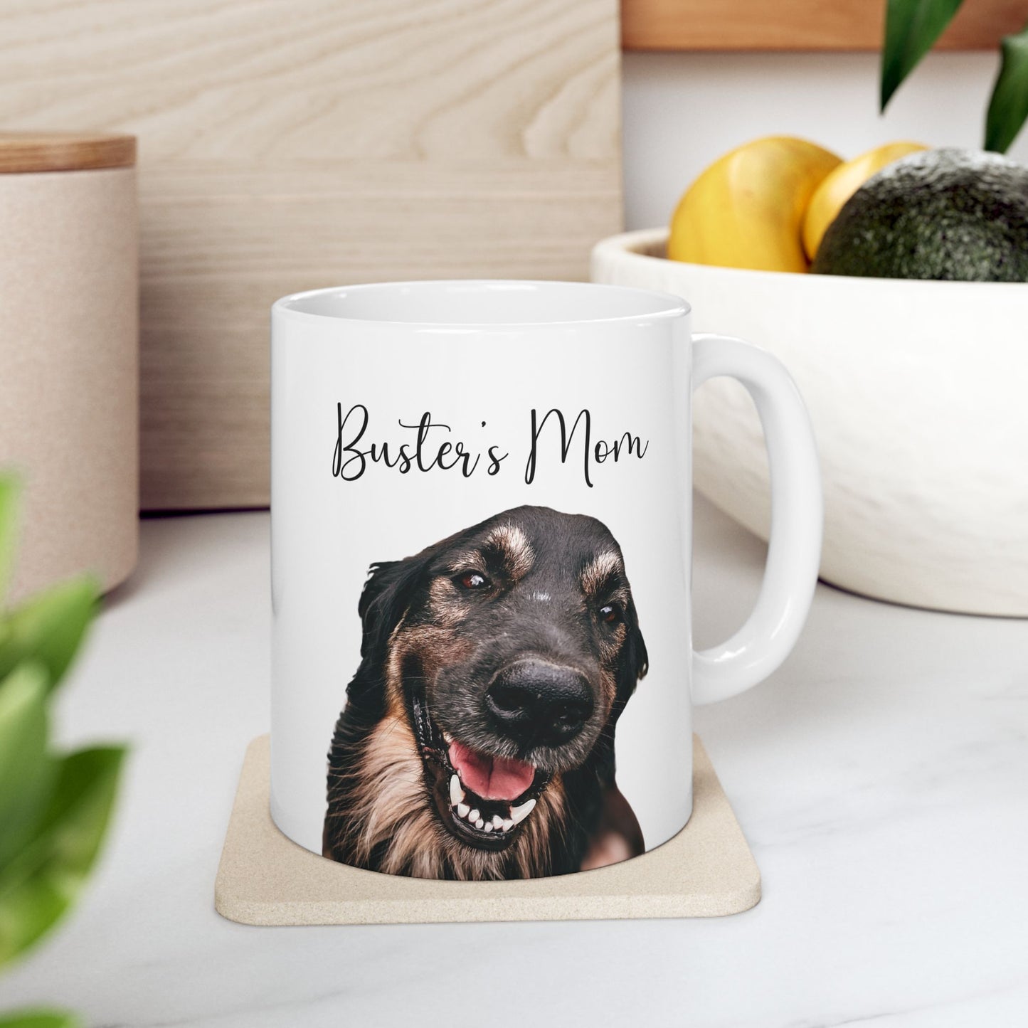 Personalized dog mom coffee mug featuring custom pet photo and name.